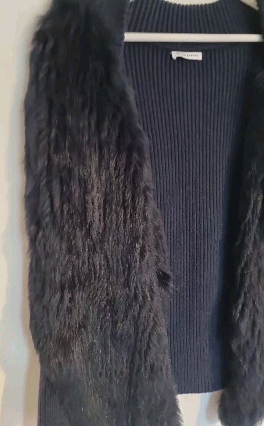 Nicole Farhi Women's Navy Blue Waistcoat Jumper Gilet Rabbit Fur  Front Size L