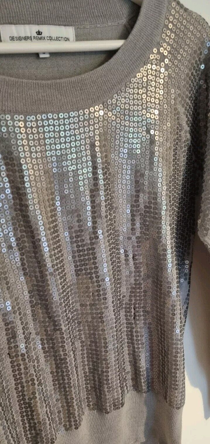 Charlotte Eskildsen Designer Remix Collection Silver Sequinned 100% Wool Top  S