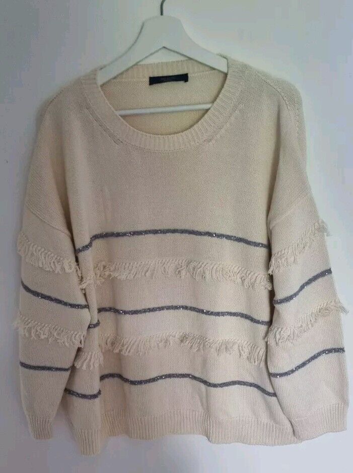 MaxMara Weekend Women's Ivory Pullover Jumper Tassled & Silver Beading Large