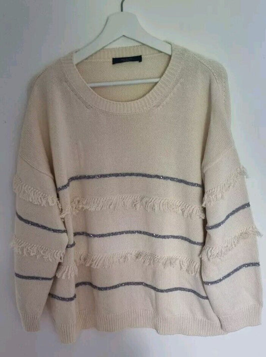 MaxMara Weekend Women's Ivory Pullover Jumper Tassled & Silver Beading Large
