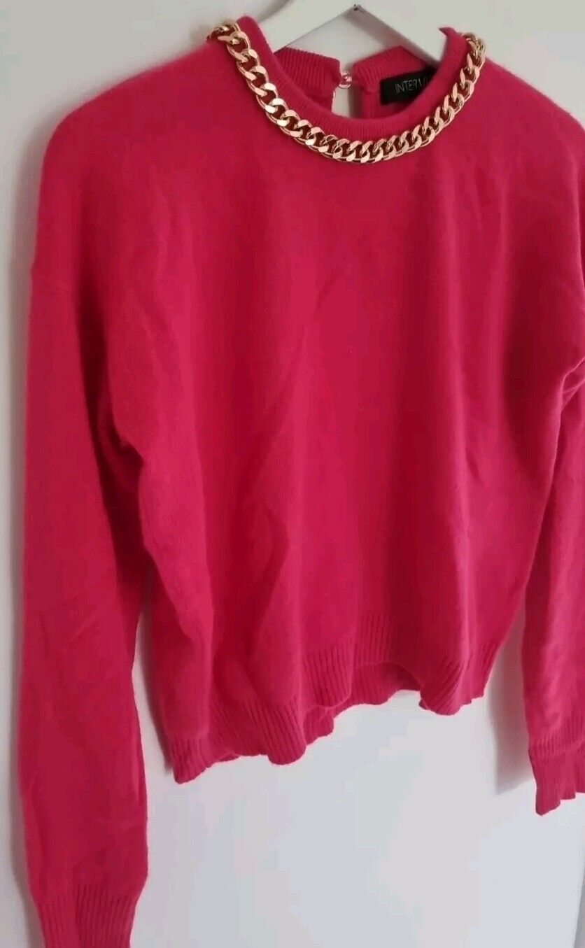 Intermix Women's Pink 100% Cashmere Pullover Jumper With Gold Colour Neck Chain