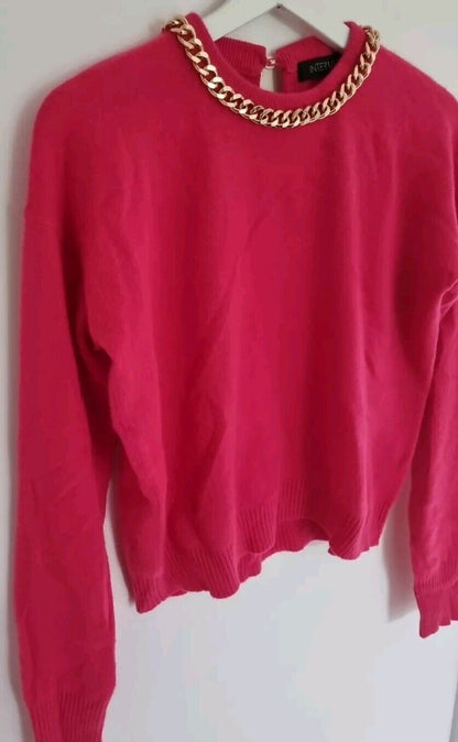 Intermix Women's Pink 100% Cashmere Pullover Jumper With Gold Colour Neck Chain