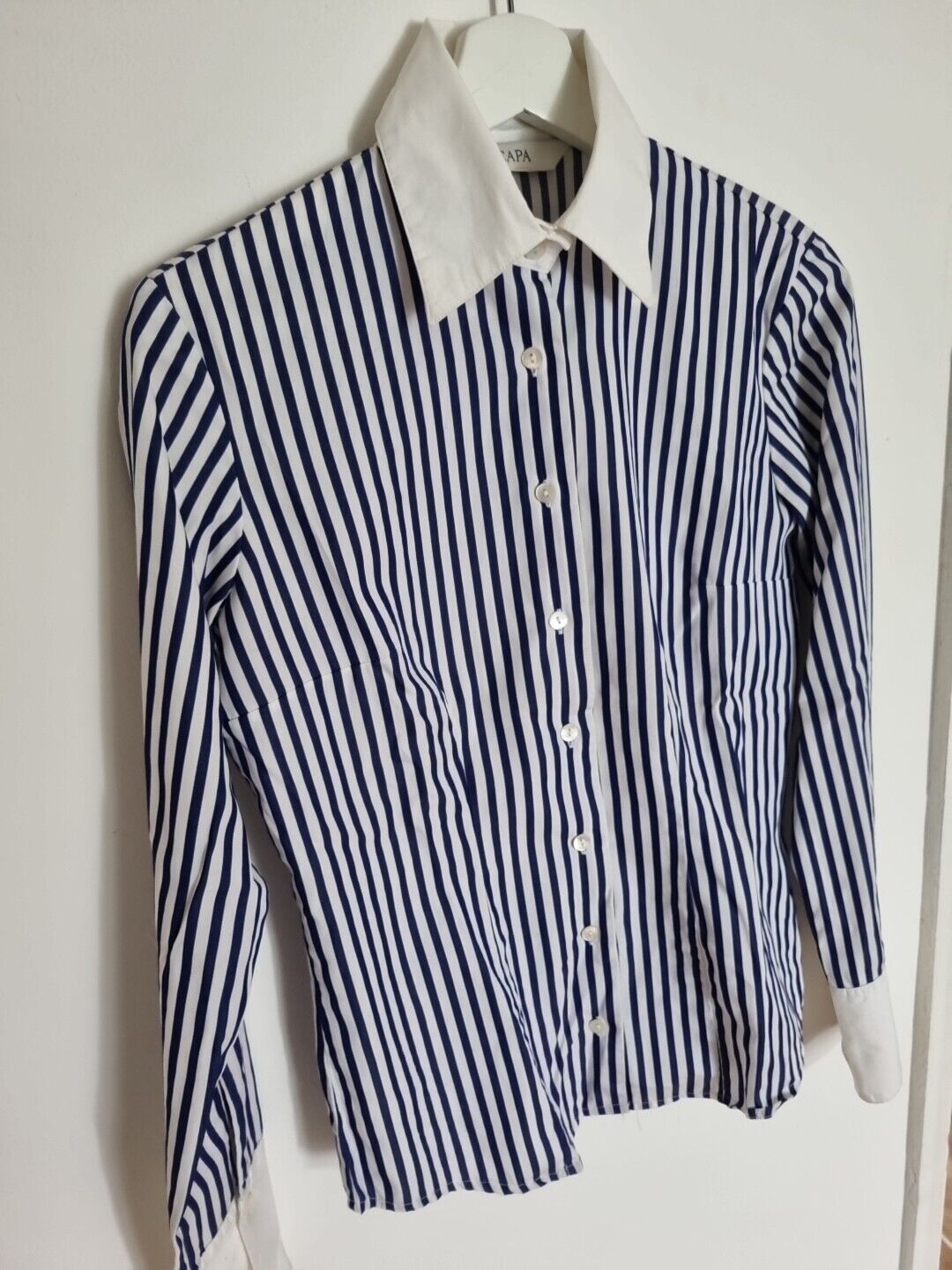 Scapa Women's Blue And White Striped Collared Blouse, Shirt, 100% Cotton Size 36