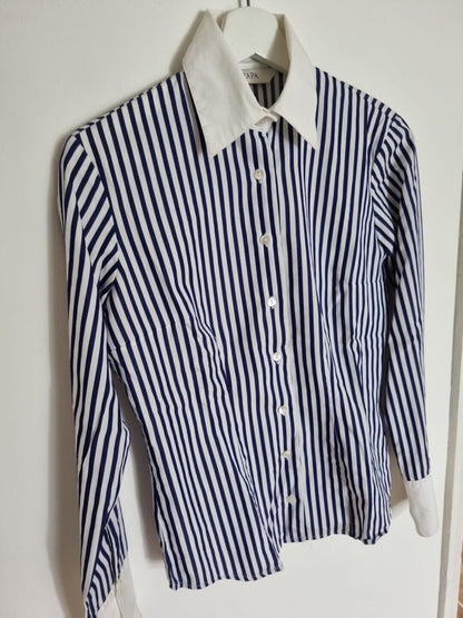 Scapa Women's Blue And White Striped Collared Blouse, Shirt, 100% Cotton Size 36