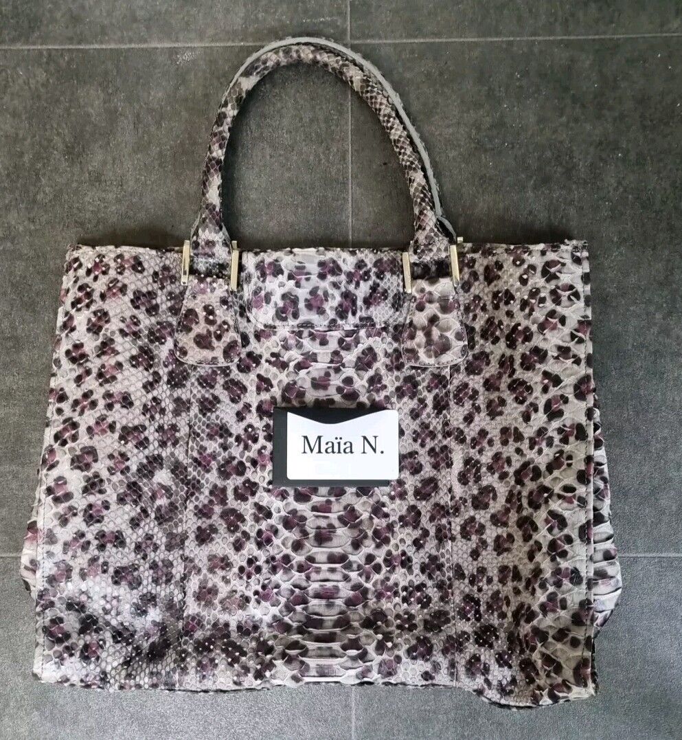 Maia N Women's Purple Leopard Leather Print Tote Bag With Card Of Authenticity