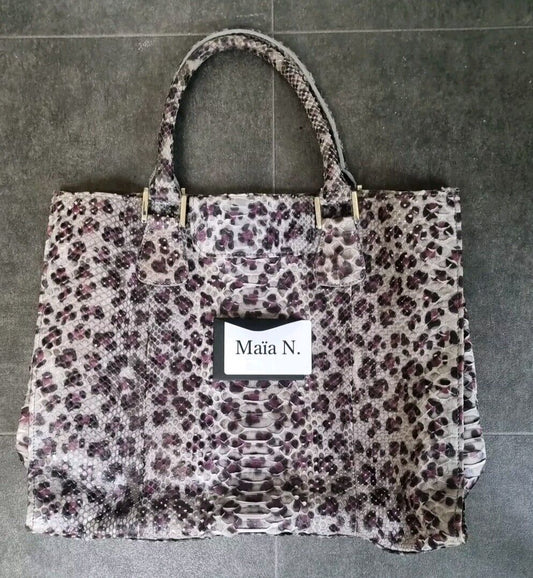 Maia N Women's Purple Leopard Leather Print Tote Bag With Card Of Authenticity