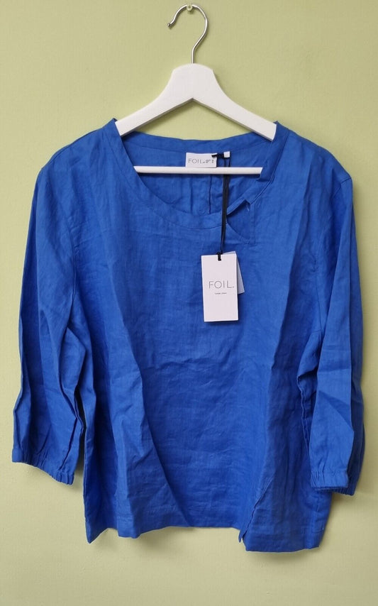 BNWT Foil Women's Notch One Blue Linen Long Sleeved Top Size UK 16
