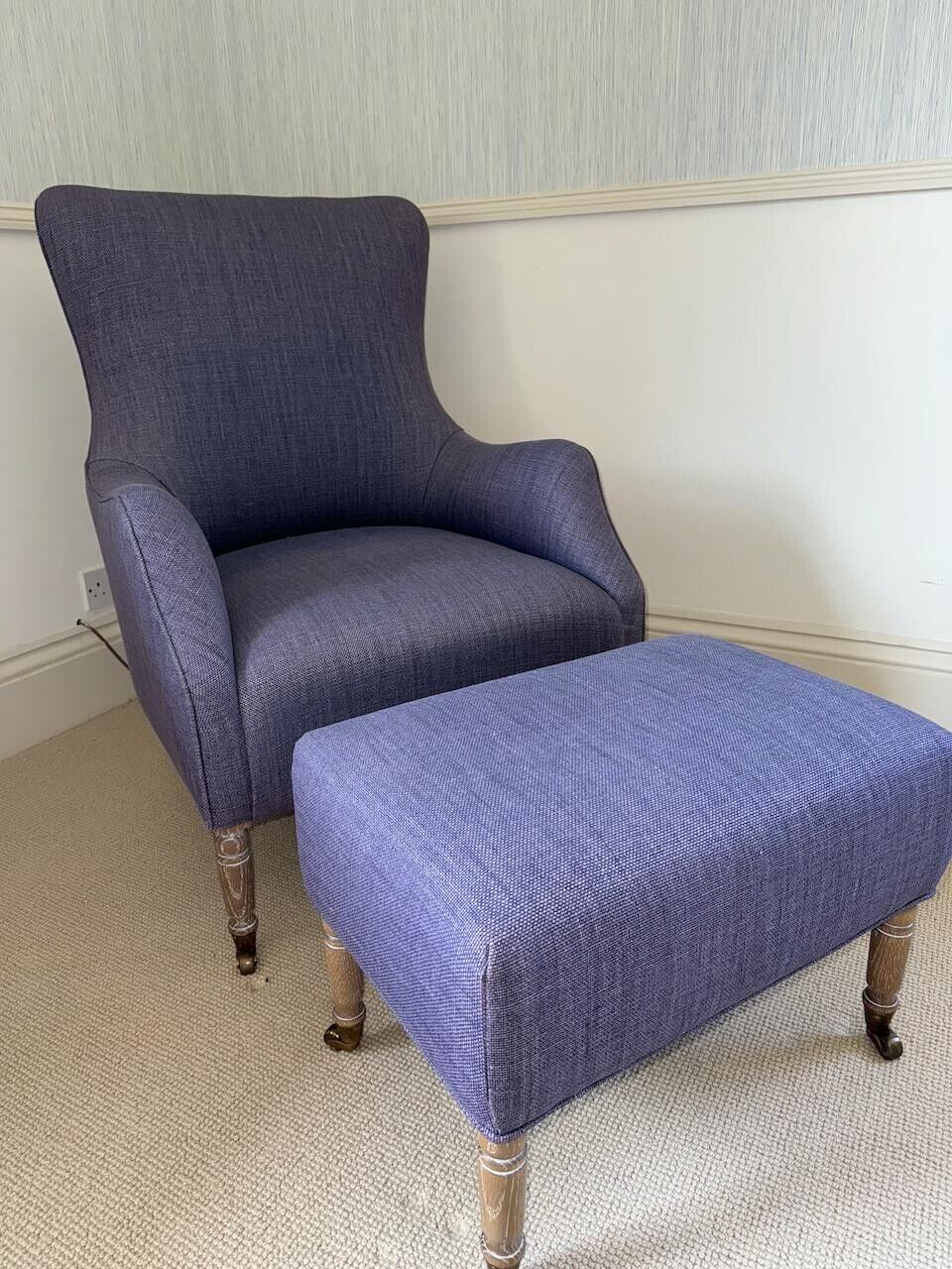 Katherine Pooley Blue Upholstered Armchair On Wheels With Matching Footstool Set