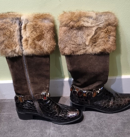 Vero Cuoio Leather Fur Trimmed Women's Black Boots Size 37