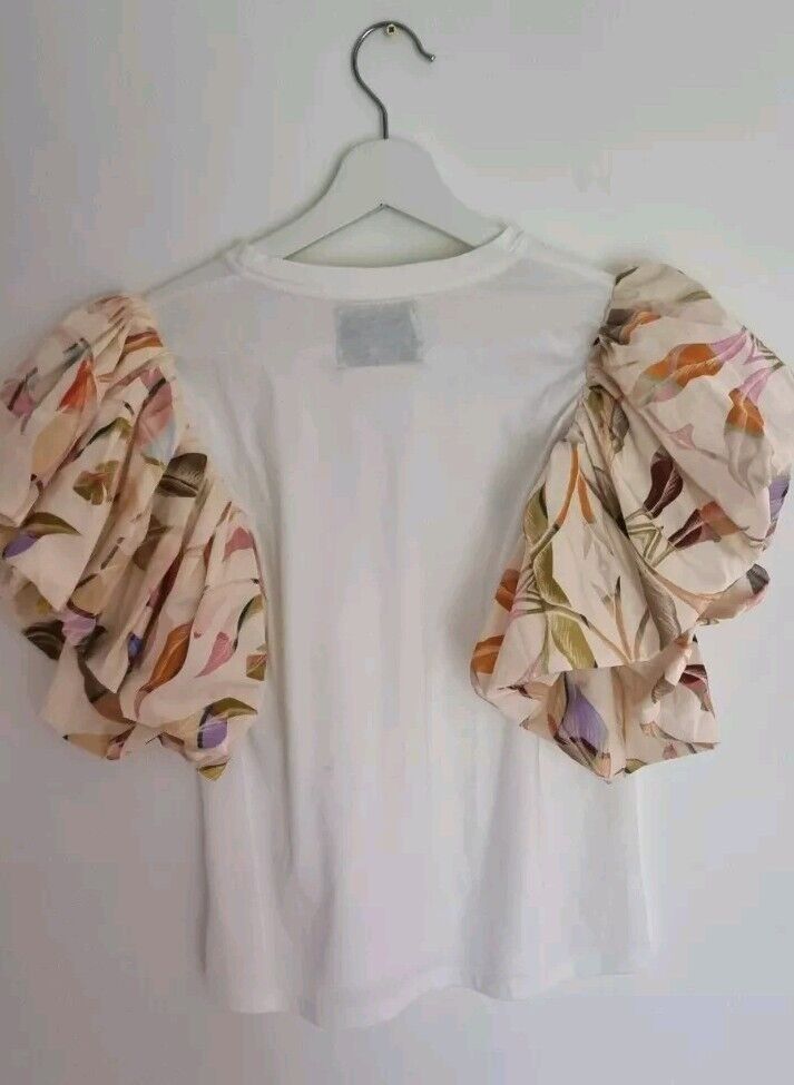 Eugenia Fernandez Women's White Top With  Floral Big Puff Sleeves Size XS
