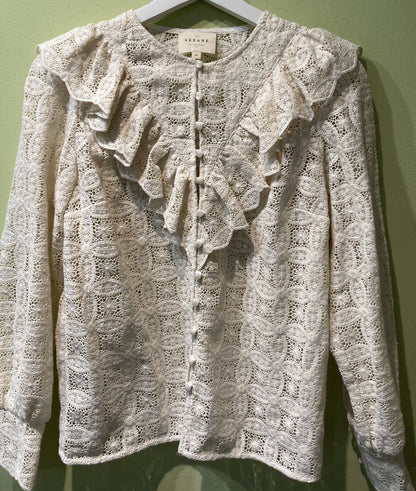 Sezane  Women's White Broiderie Anglaise Blouse, Long Sleeved Button Down  S