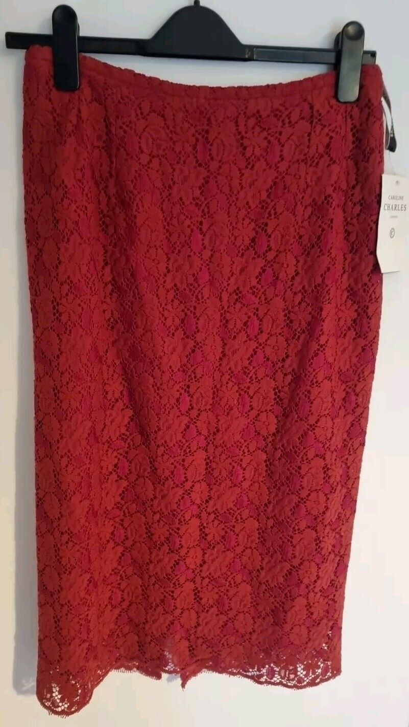 BNWT Caroline Charles Women's Ruby Red Lace Fully Lined Pencil Skirt Size 14