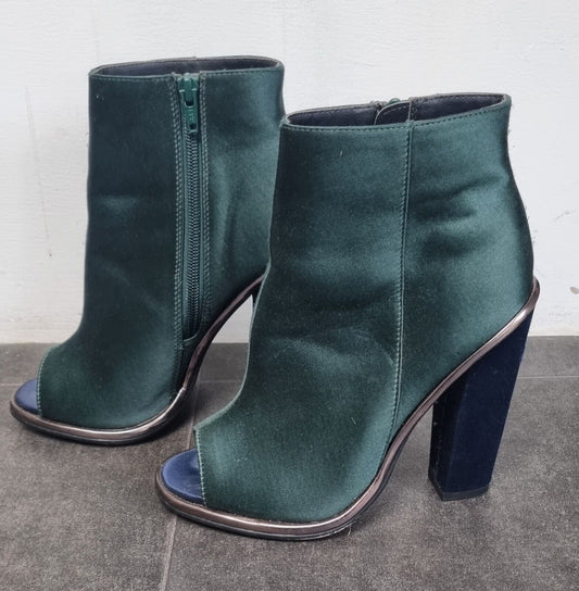 Topshop Women's Green Silk Feel, High, Open Toed Ankle Boots Size 36