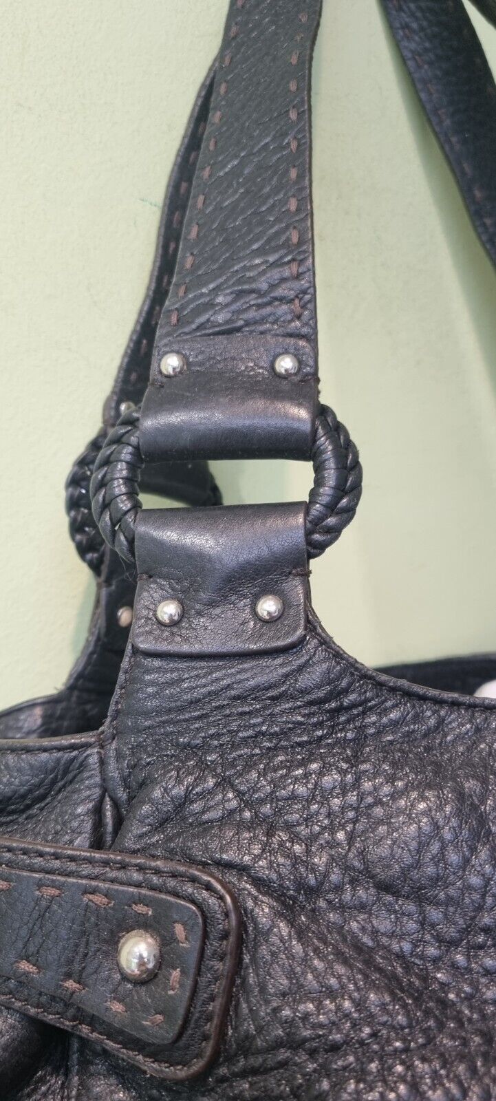 Cole Haan Black Pebble Leather  Handbag with Stitching Detail