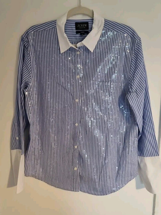 J Crew Women's Blue Striped Sequinned Long Sleeved 100% Cotton Shirt Size 10