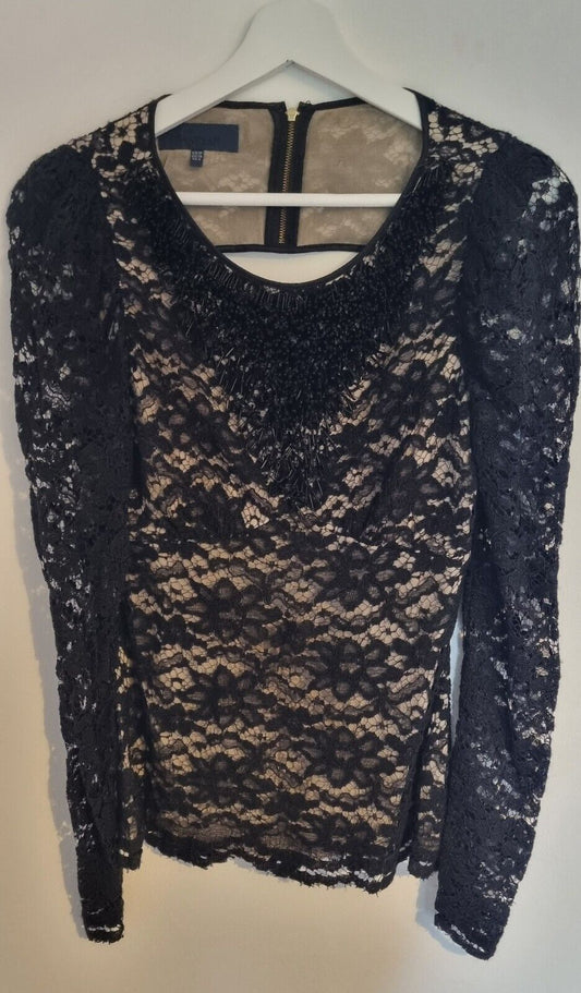 Bastyan Women's Black Lace And Bead Silk Backless Top Size 10