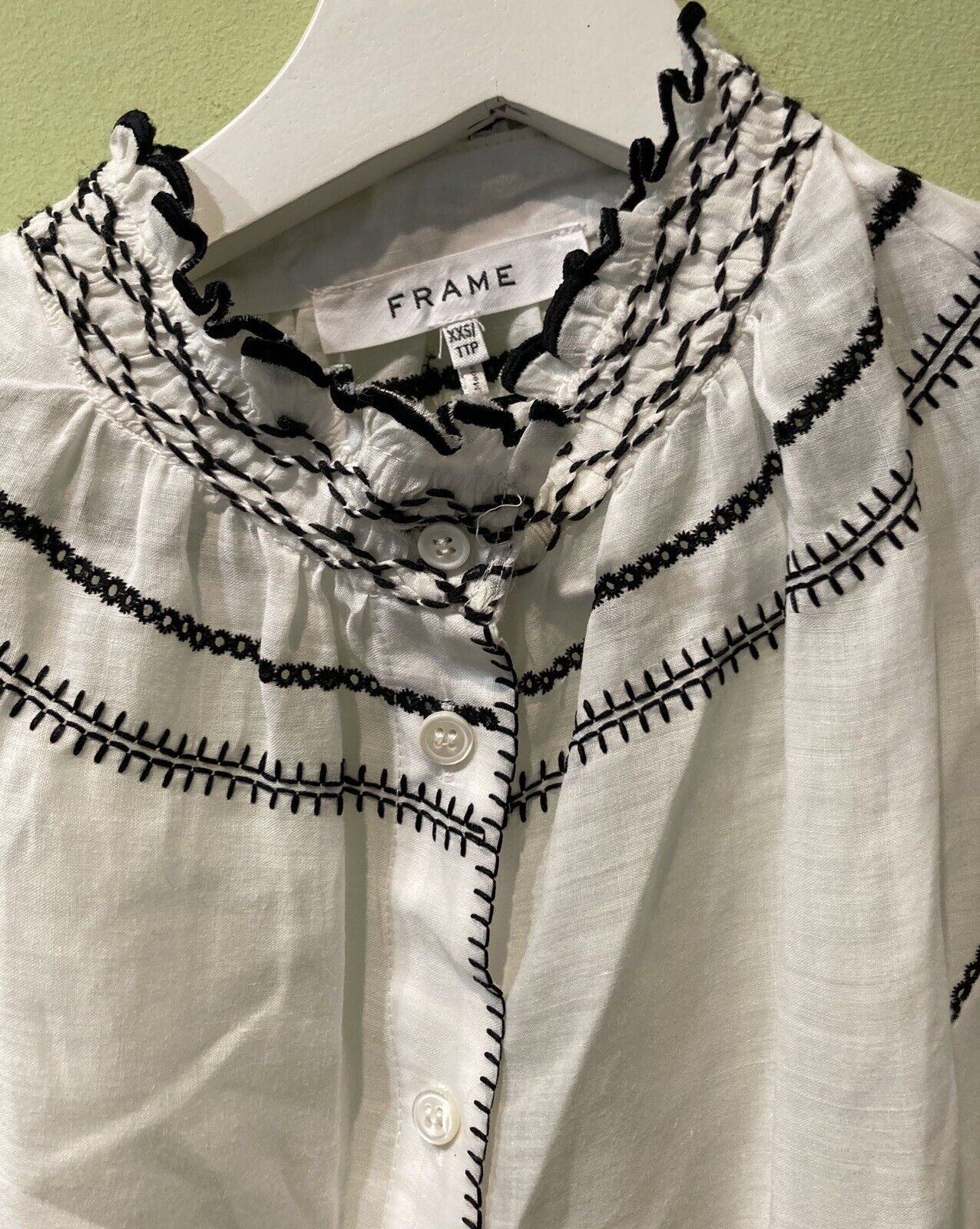 Frame Women's Long Sleeved White Blouse With Black Details Size 2XS