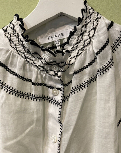 Frame Women's Long Sleeved White Blouse With Black Details Size 2XS