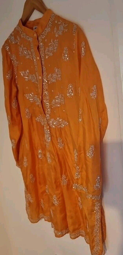 Juliette Dunn Women's Orange Sequinned Embroidered 100% Silk Kaftan Size 3