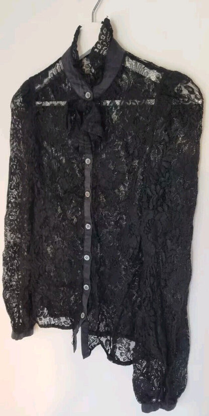 Karen Millen Women's Black Lace Long Sleeved High Neck Blouse Size 6
