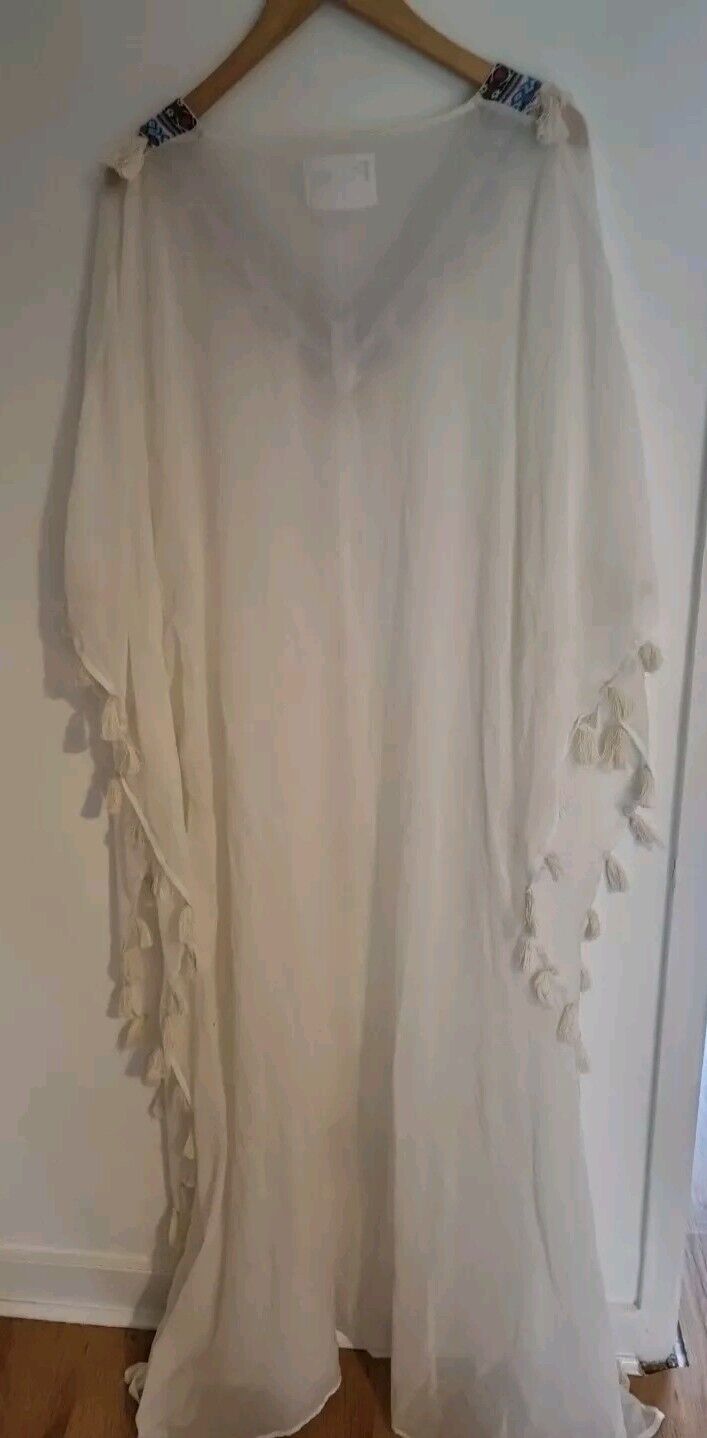 Pitusa Women's White Beach Cover Up Kaftan 100% Cotton Embroidered One Size