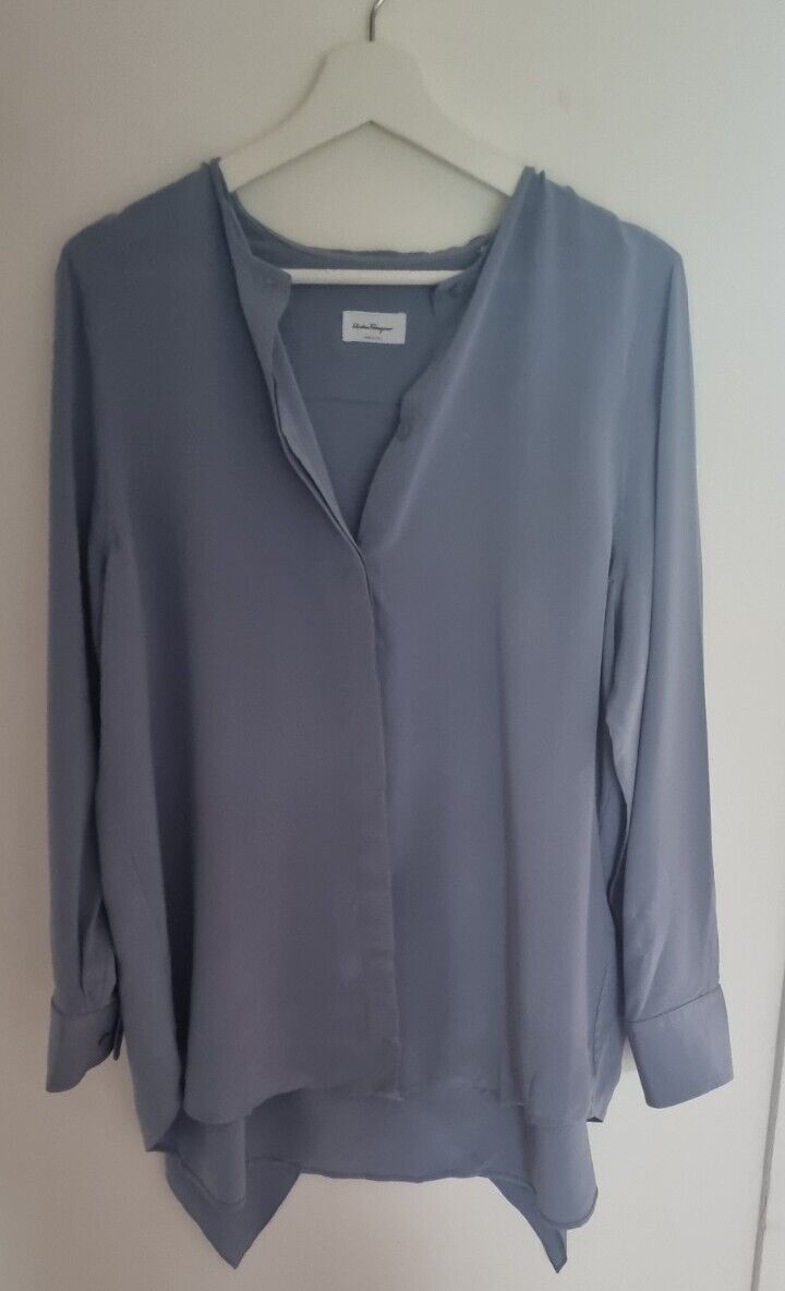 Salvatore Ferragamo Made In Italy Women's Slate Blue 100% Silk Blouse Size 46
