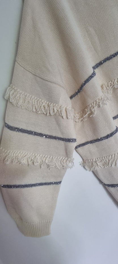 MaxMara Weekend Women's Ivory Pullover Jumper Tassled & Silver Beading Large