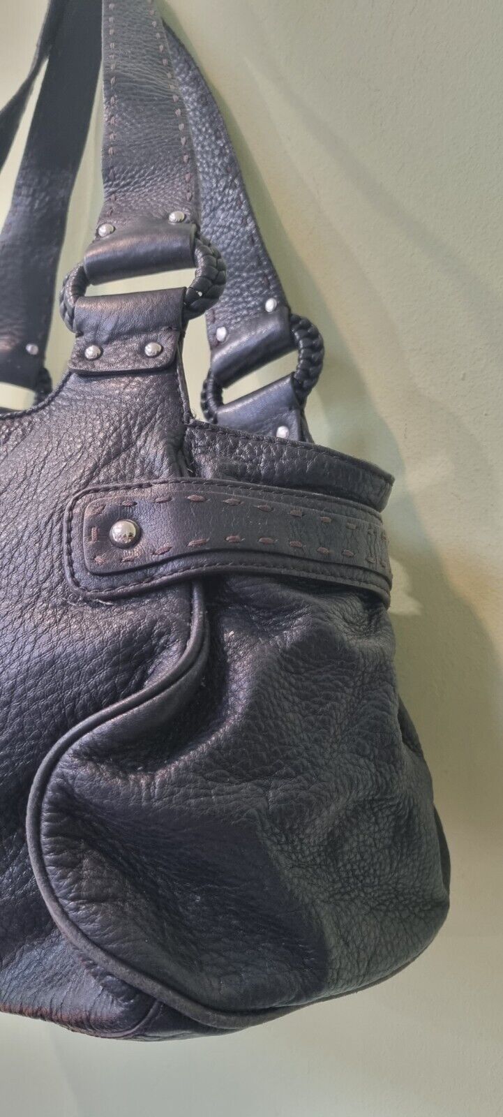Cole Haan Black Pebble Leather  Handbag with Stitching Detail