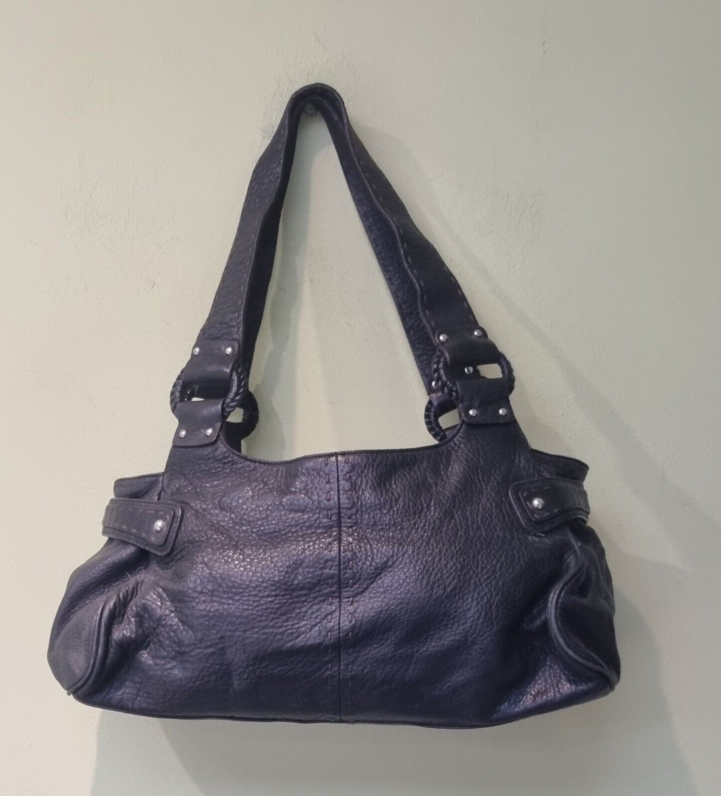 Cole Haan Black Pebble Leather  Handbag with Stitching Detail