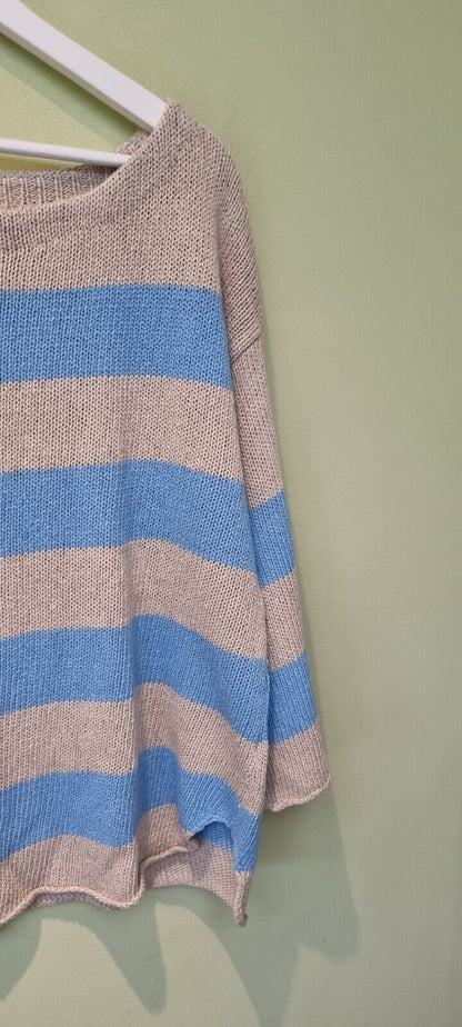 Malene Birger Women's Linen Mix Stripy Blue Jumper Size  XL