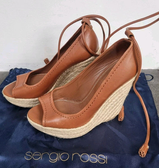 Sergio Rossi Women's Brown Wedge Leather Tie Sandals Size 36