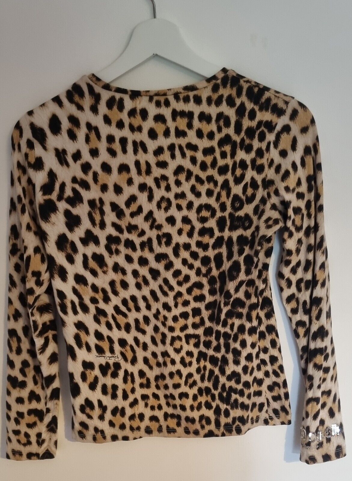 Roberto Cavalli  Women's Animal Print Top With Sequinned Logo Sleeve  Size Small
