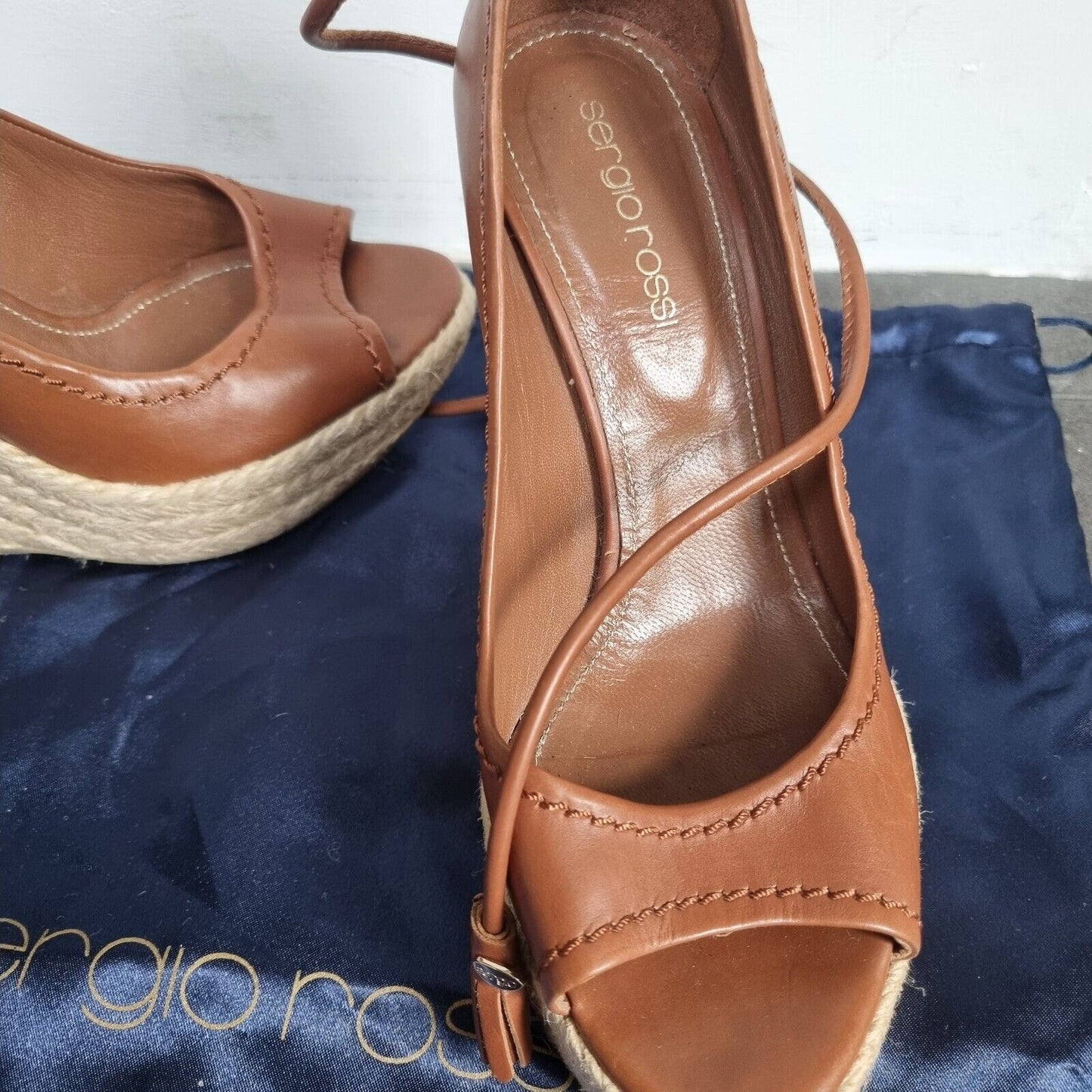 Sergio Rossi Women's Brown Wedge Leather Tie Sandals Size 36