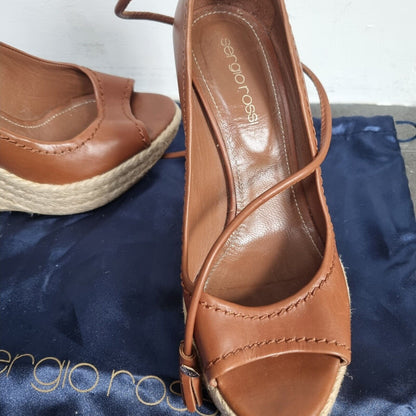 Sergio Rossi Women's Brown Wedge Leather Tie Sandals Size 36