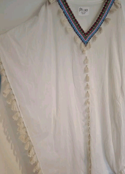 Pitusa Women's White Beach Cover Up Kaftan 100% Cotton Embroidered One Size