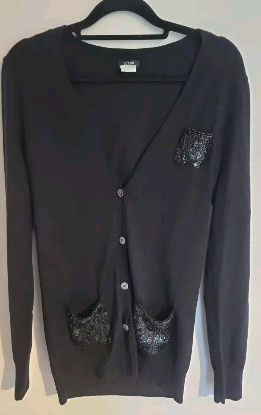 J Crew Women's Black 100% Merino Wool Cardigan With Sequin Pockets Size Small