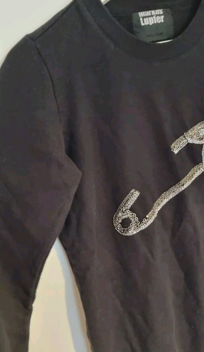 Markus Lupfer Women's Black Sweater 100% Cotton With Chain Safety Pin Size XS