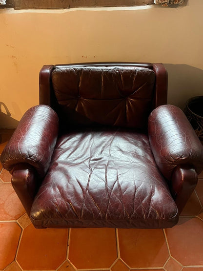Two Leather Arm Chairs And Footstool. Set Of Three