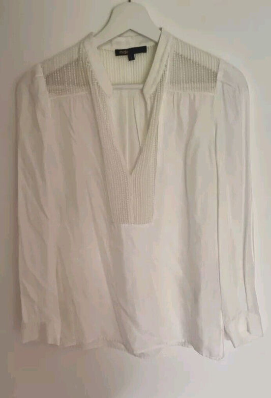 Maje Women's Ivory Long Sleeved V Neck Blouse With Lace Detail Size 1
