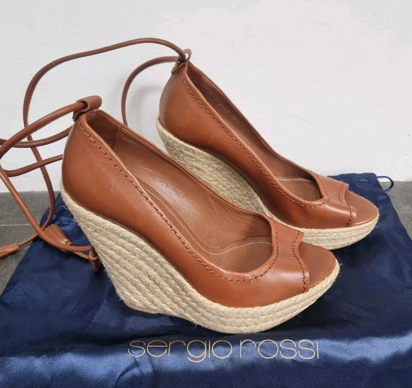 Sergio Rossi Women's Brown Wedge Leather Tie Sandals Size 36