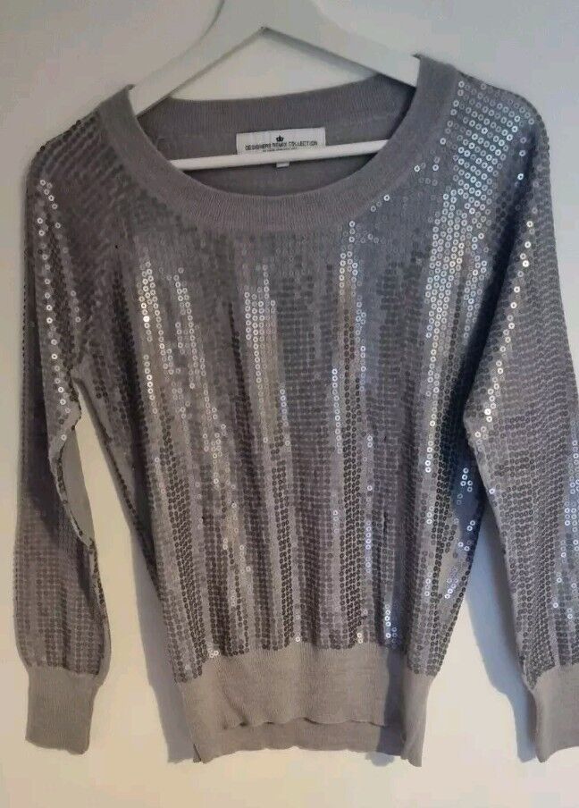 Charlotte Eskildsen Designer Remix Collection Silver Sequinned 100% Wool Top  S