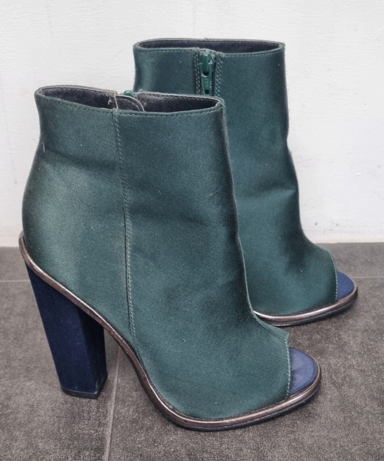 Topshop Women's Green Silk Feel, High, Open Toed Ankle Boots Size 36