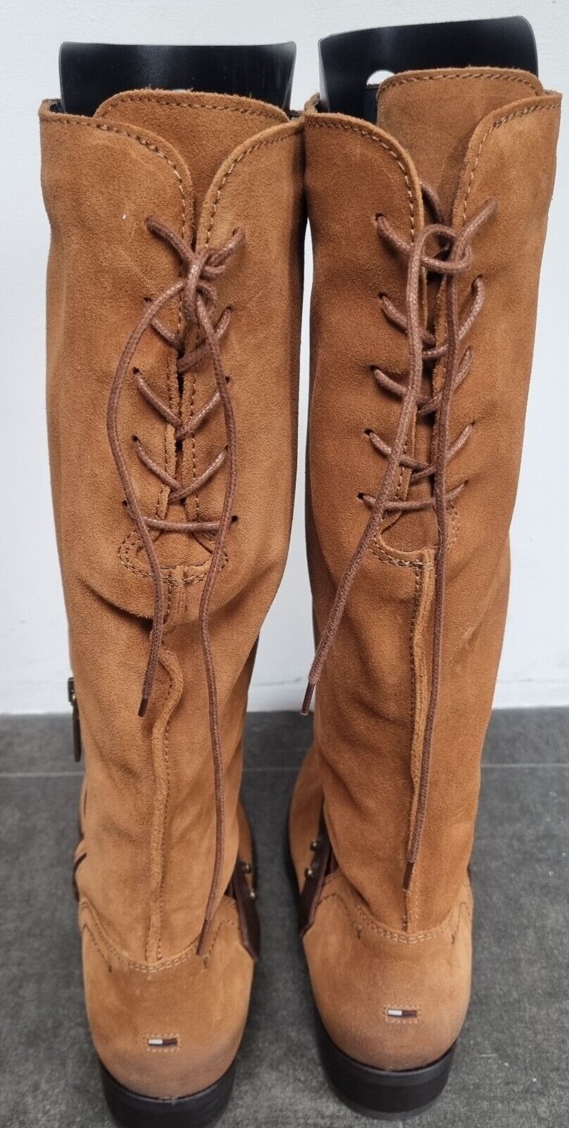 Tommy Hillfiger Women's Tan Brown Long Boots With Ties, Buckles, Zips Size 40