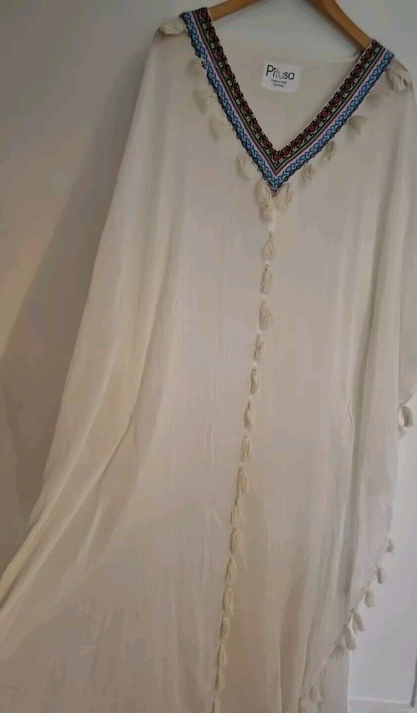 Pitusa Women's White Beach Cover Up Kaftan 100% Cotton Embroidered One Size
