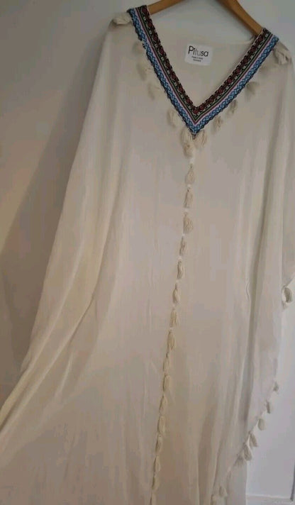Pitusa Women's White Beach Cover Up Kaftan 100% Cotton Embroidered One Size