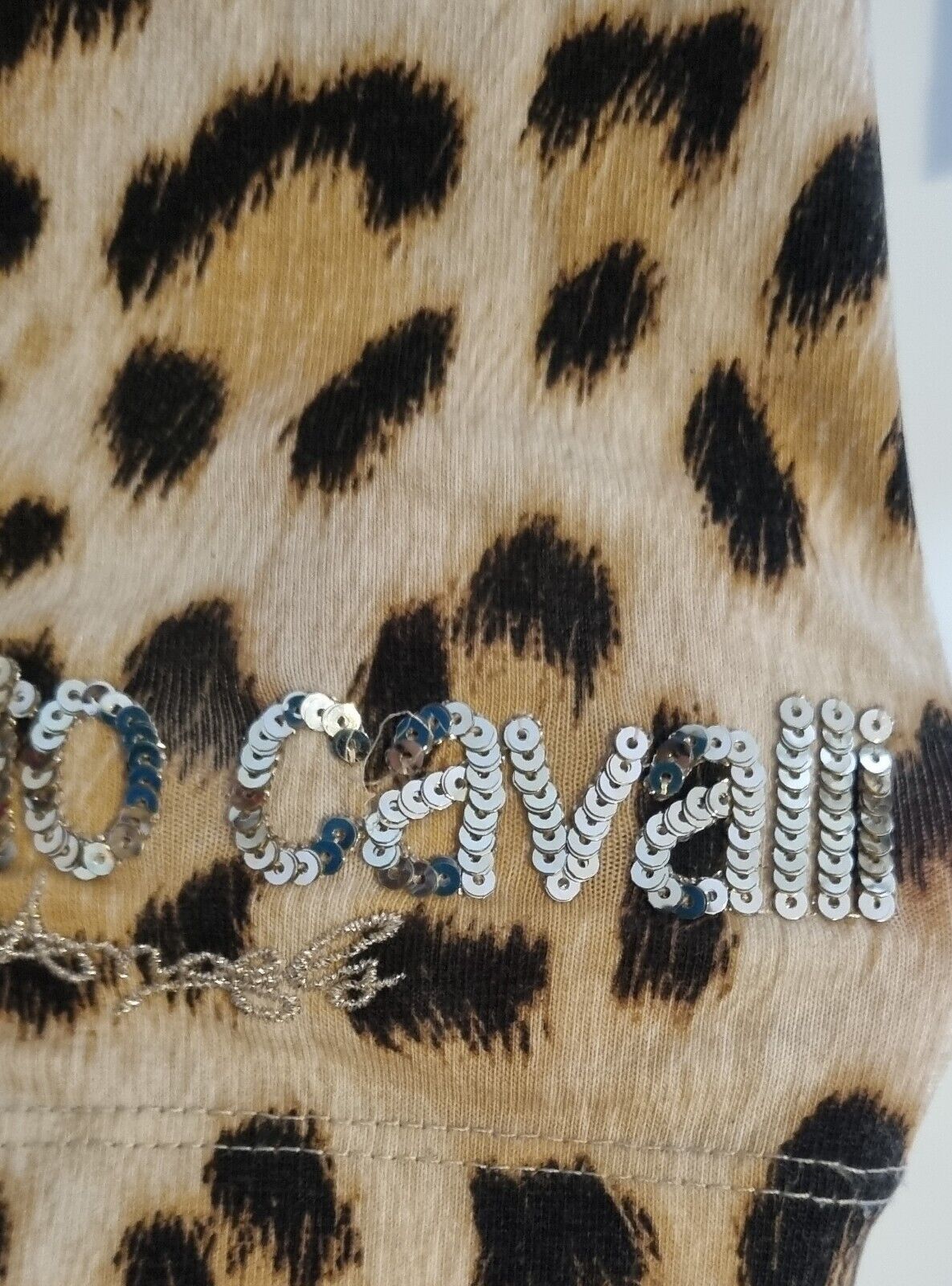Roberto Cavalli  Women's Animal Print Top With Sequinned Logo Sleeve  Size Small
