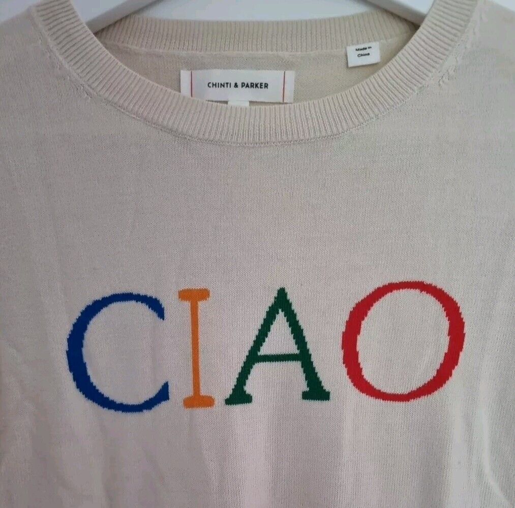 Chinti And Parker  Women's"Ciao" Slogan Sweater 100% Cream Cotton Size XS