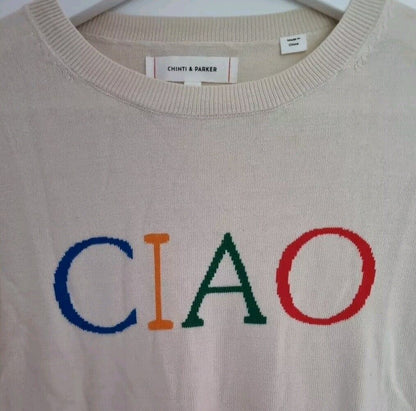 Chinti And Parker  Women's"Ciao" Slogan Sweater 100% Cream Cotton Size XS