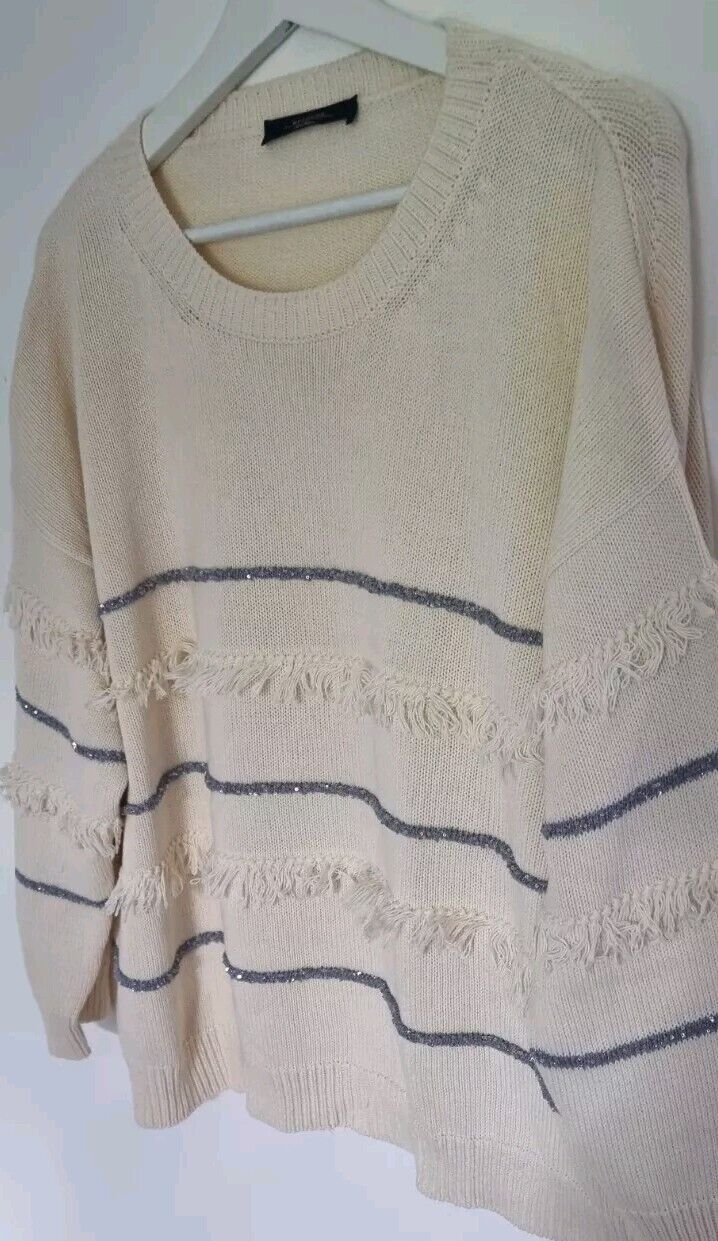 MaxMara Weekend Women's Ivory Pullover Jumper Tassled & Silver Beading Large