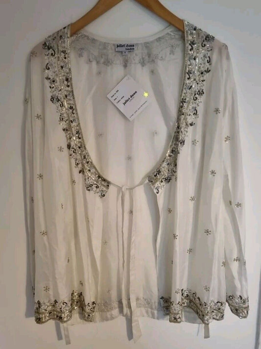 New With Tags Juliette Dunn 100% Silk Beaded and Sequinned Cream Jacket Size 1